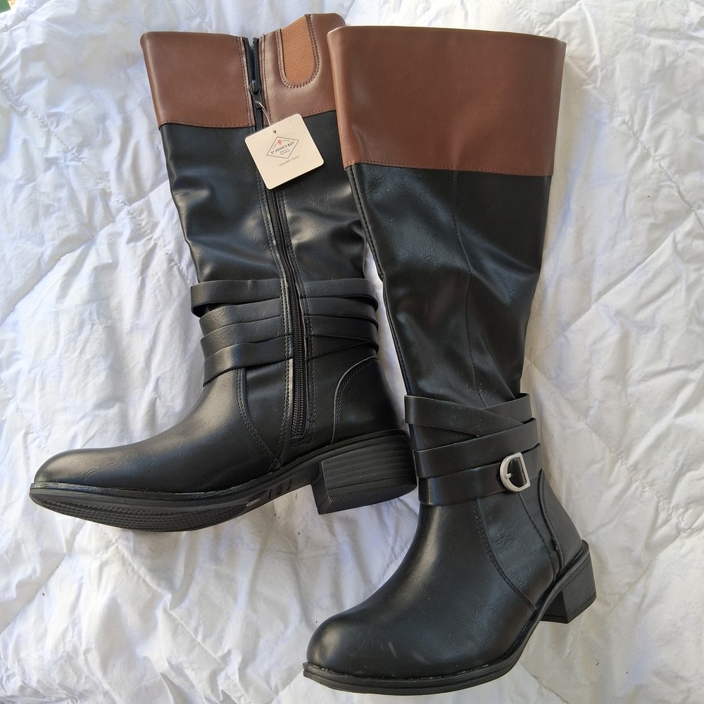 St. John's Bay SJB Douglas Black Cognac Two-Tone Riding Boots Size 6M NWT